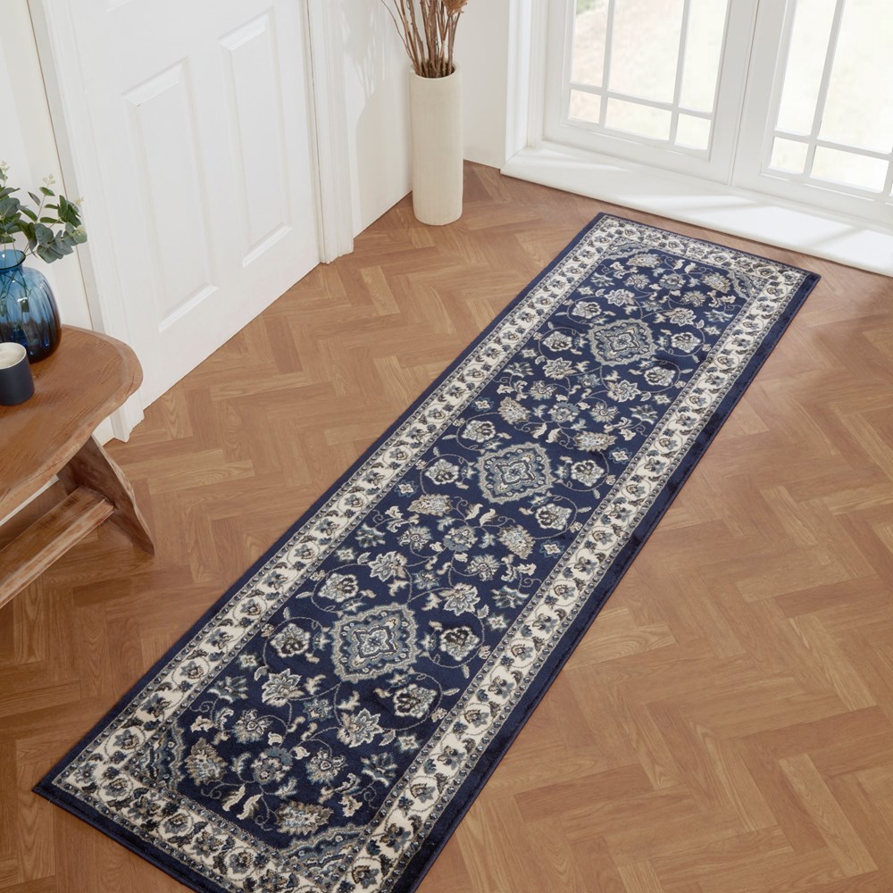 Sherborne Traditional Bordered Runner Rugs in Navy Blue